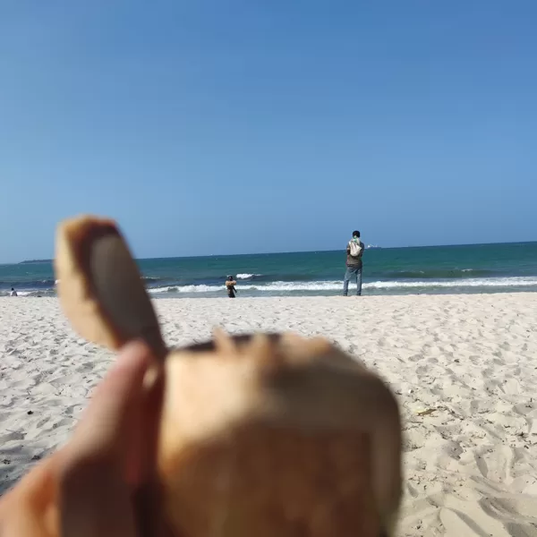 Fresh coconut on a white sand beach during a Tanzania beach stay